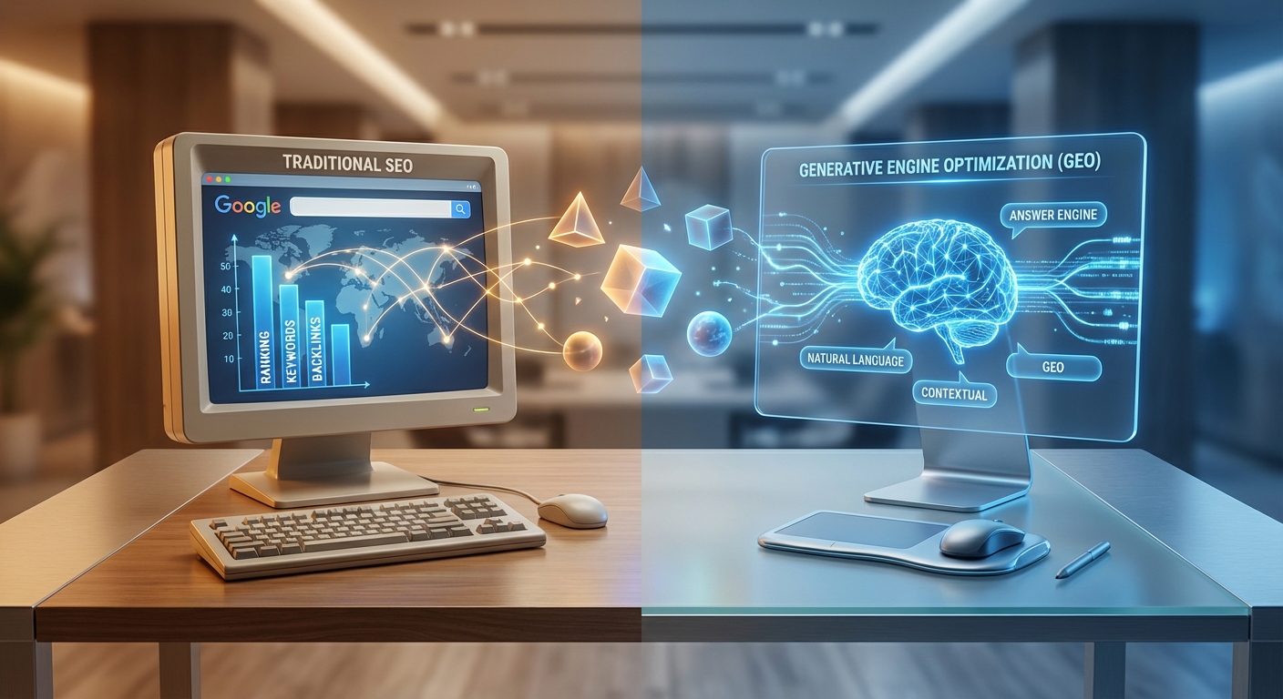 Visualisierung der Verbindung zwischen klassischer Suchmaschinenoptimierung SEO und KI-basierter GEO
