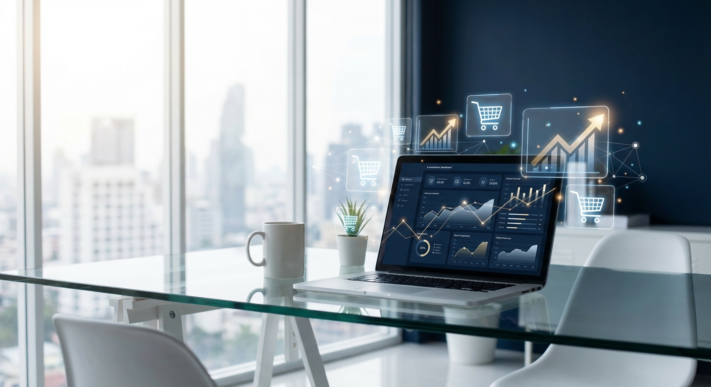 Moderner Arbeitsplatz mit Laptop und holografischen E-Commerce-Symbolen in professioneller Büroumgebung