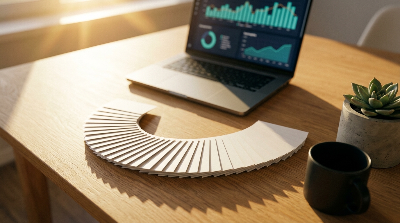 Schreibtisch mit Laptop und spiralförmig aufgefächerten Papierkarten als Symbol für wöchentliche Blogartikel