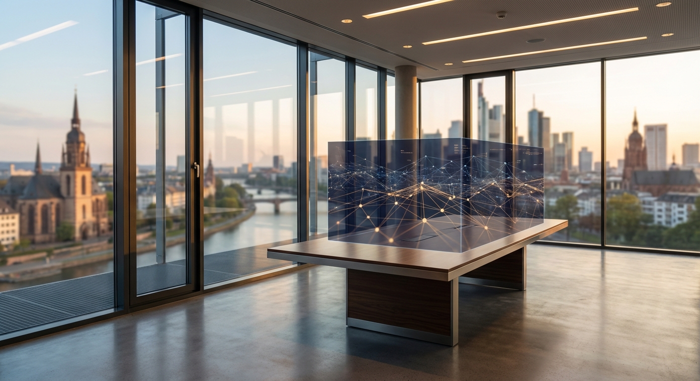 Moderner Konferenzraum mit digitalem Netzwerk-Hologramm ĂŒber Glastisch bei Abendlicht