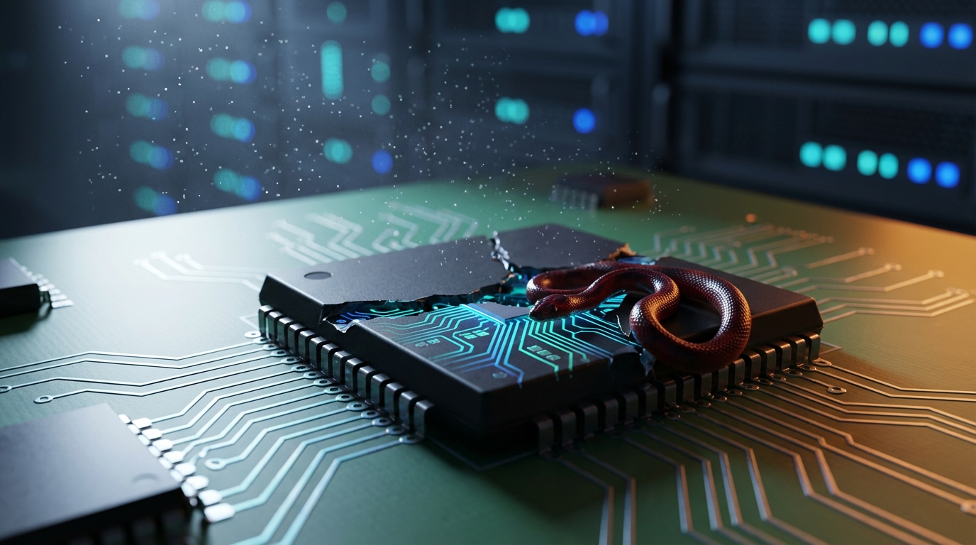 Aufgebrochener Mikrochip auf Platine mit roter Schlange im Inneren als Symbol für einen Supply-Chain-Angriff